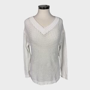 Talbots Petite Large LP Open Weave V Neck White Sweater 100% Cotton